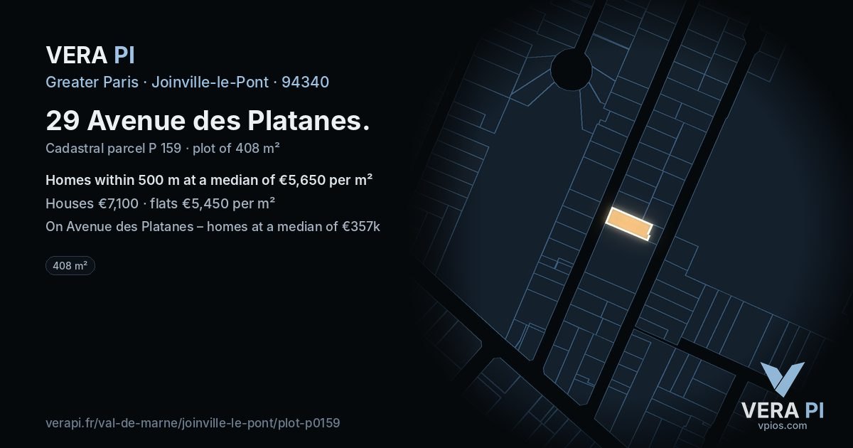 29 Avenue des Platanes, Joinville-le-Pont at night – the plot lit, the parcels around coloured by the prices near them