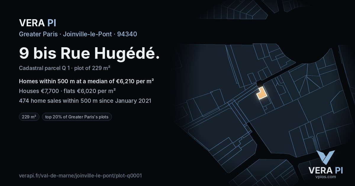 9 bis Rue Hugédé, Joinville-le-Pont at night – the plot lit, the parcels around coloured by the prices near them