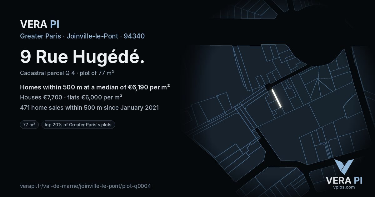 9 Rue Hugédé, Joinville-le-Pont at night – the plot lit, the parcels around coloured by the prices near them