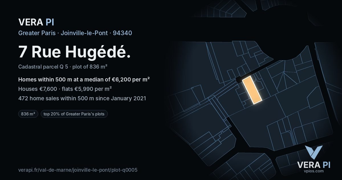 7 Rue Hugédé, Joinville-le-Pont at night – the plot lit, the parcels around coloured by the prices near them