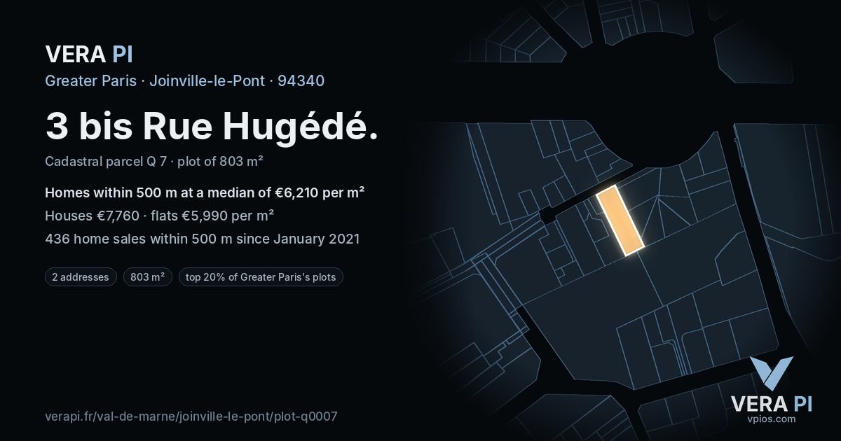 3 bis Rue Hugédé, Joinville-le-Pont at night – the plot lit, the parcels around coloured by the prices near them