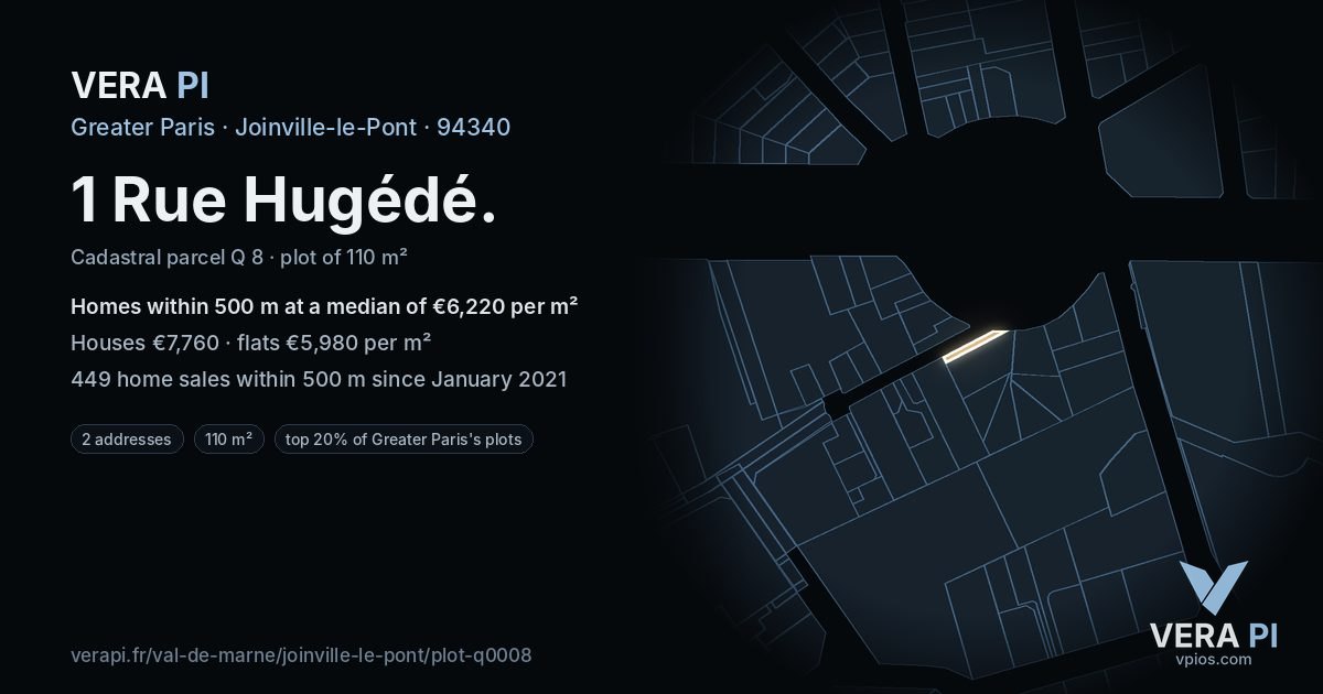 1 Rue Hugédé, Joinville-le-Pont at night – the plot lit, the parcels around coloured by the prices near them
