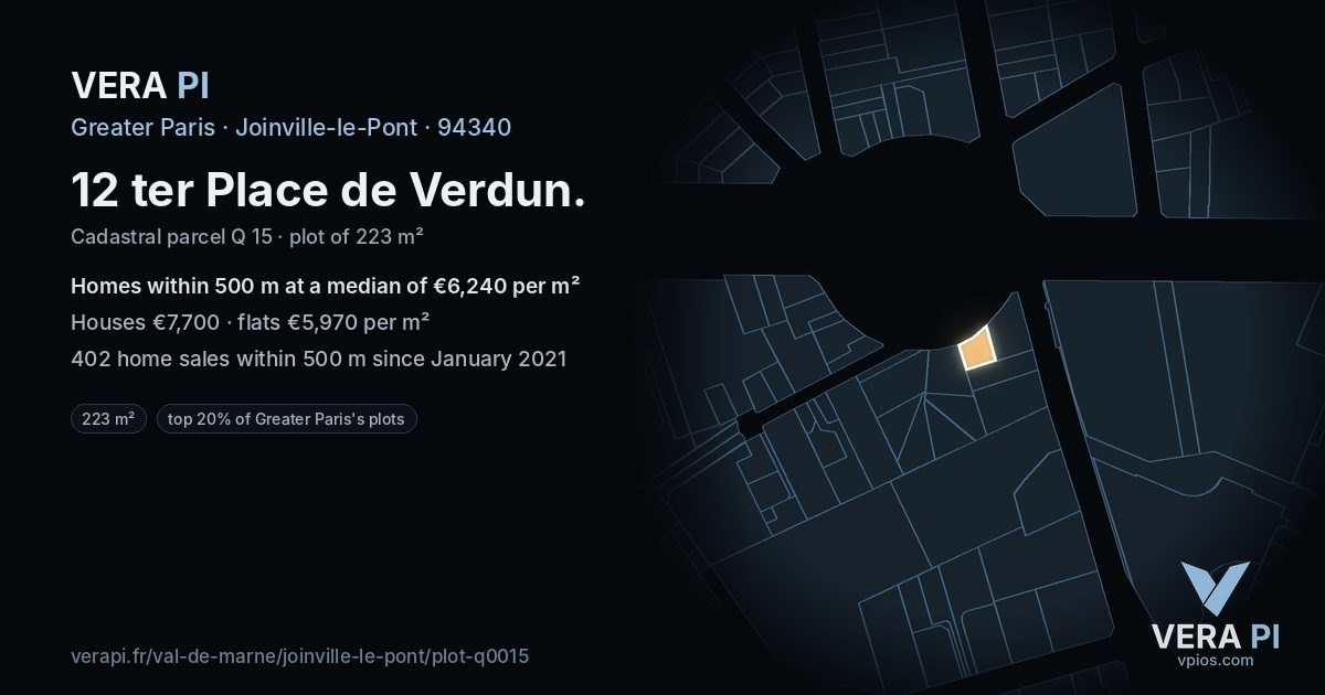 12 ter Place de Verdun, Joinville-le-Pont at night – the plot lit, the parcels around coloured by the prices near them