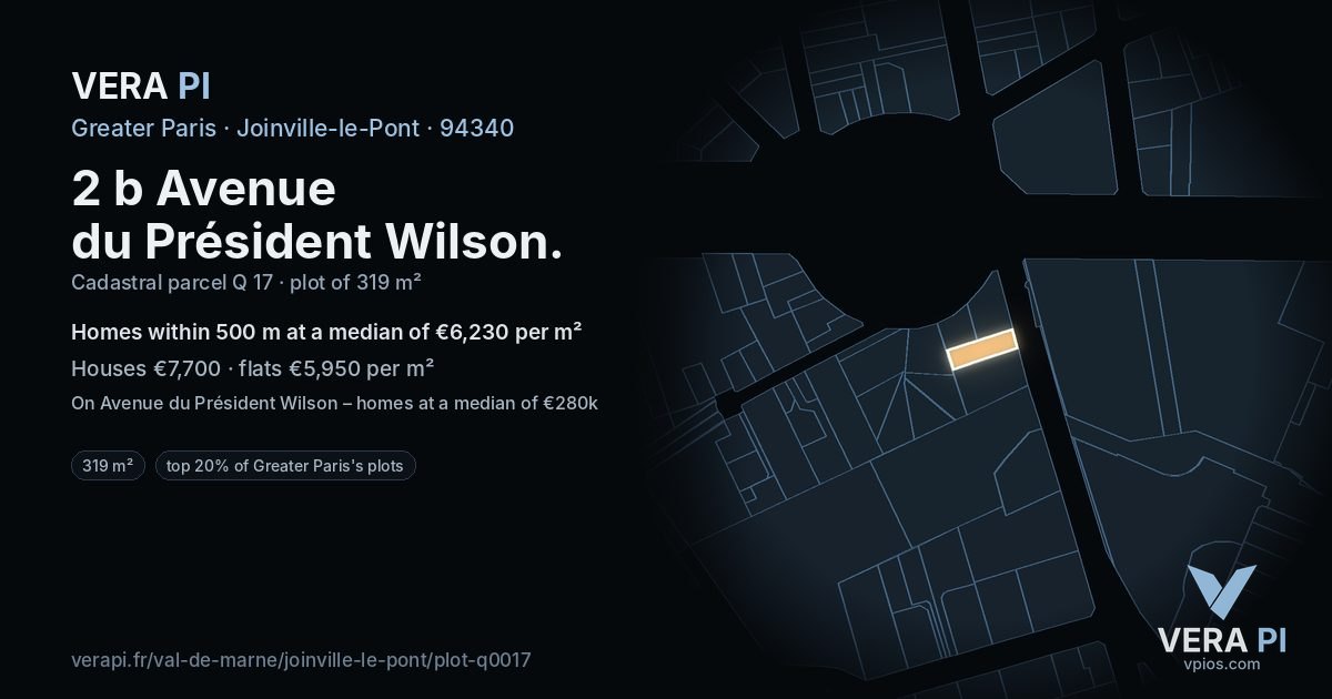 2 b Avenue du Président Wilson, Joinville-le-Pont at night – the plot lit, the parcels around coloured by the prices near them