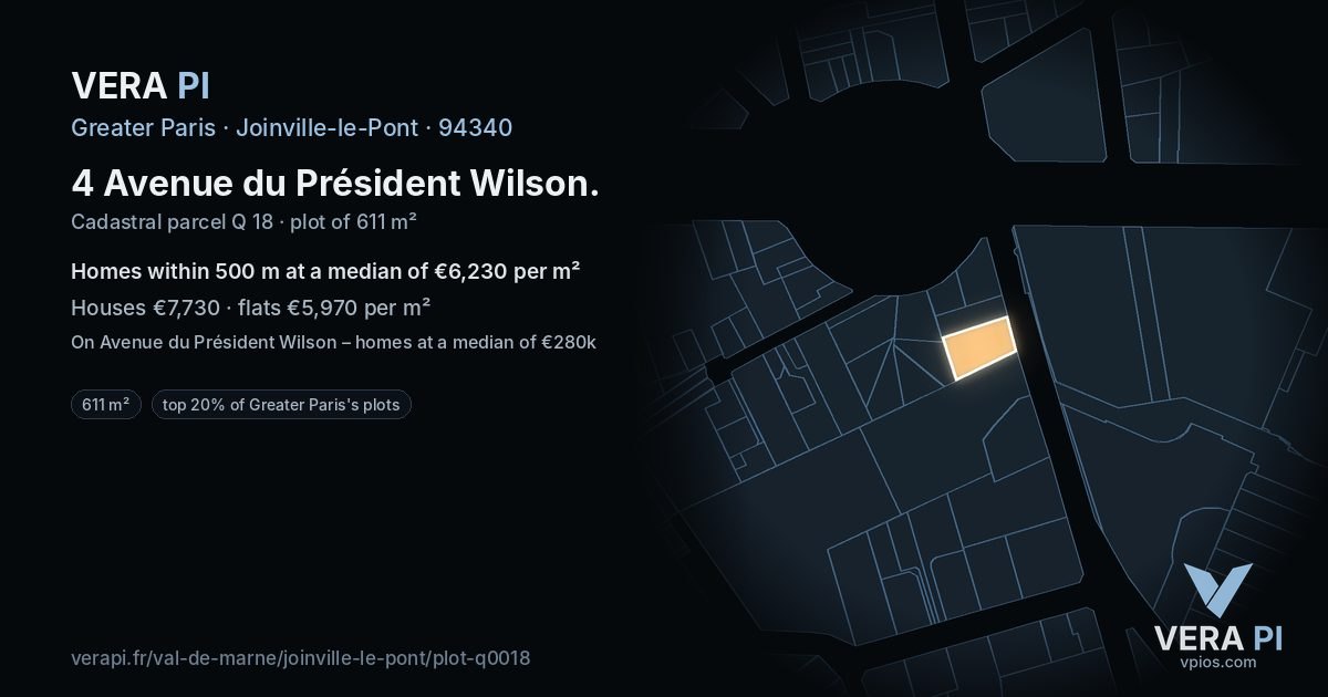 4 Avenue du Président Wilson, Joinville-le-Pont at night – the plot lit, the parcels around coloured by the prices near them