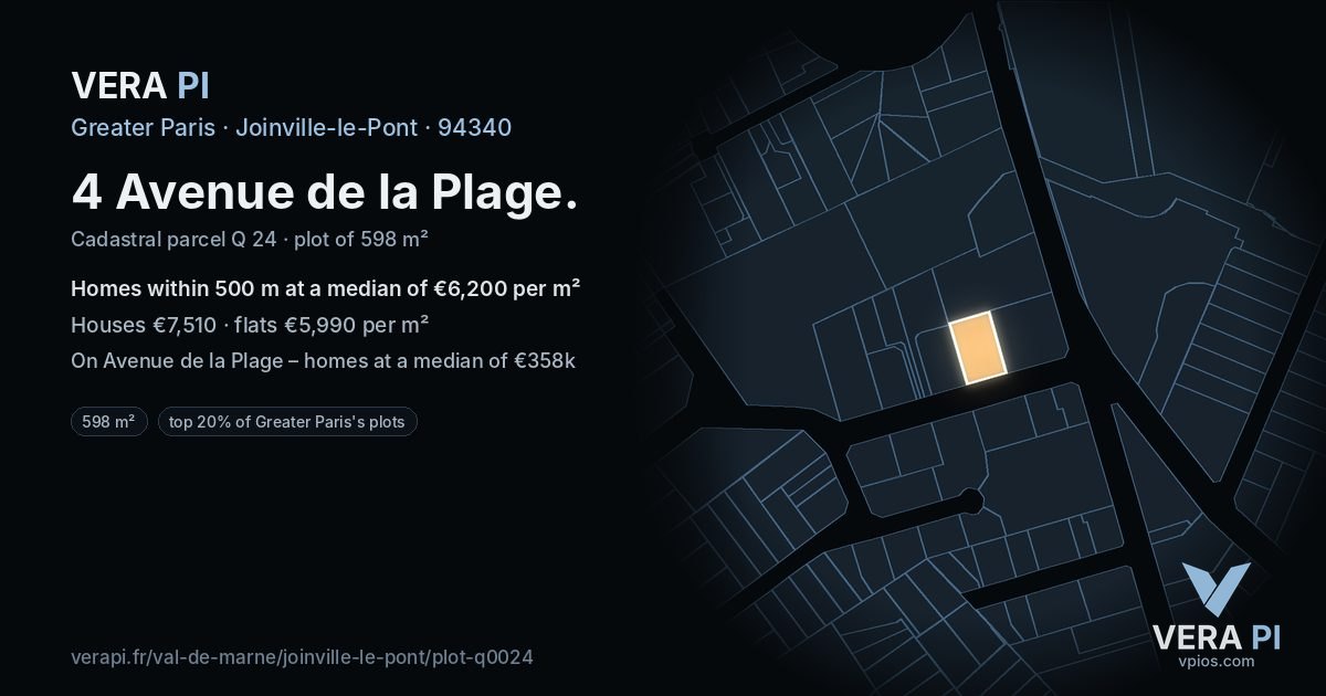 4 Avenue de la Plage, Joinville-le-Pont at night – the plot lit, the parcels around coloured by the prices near them