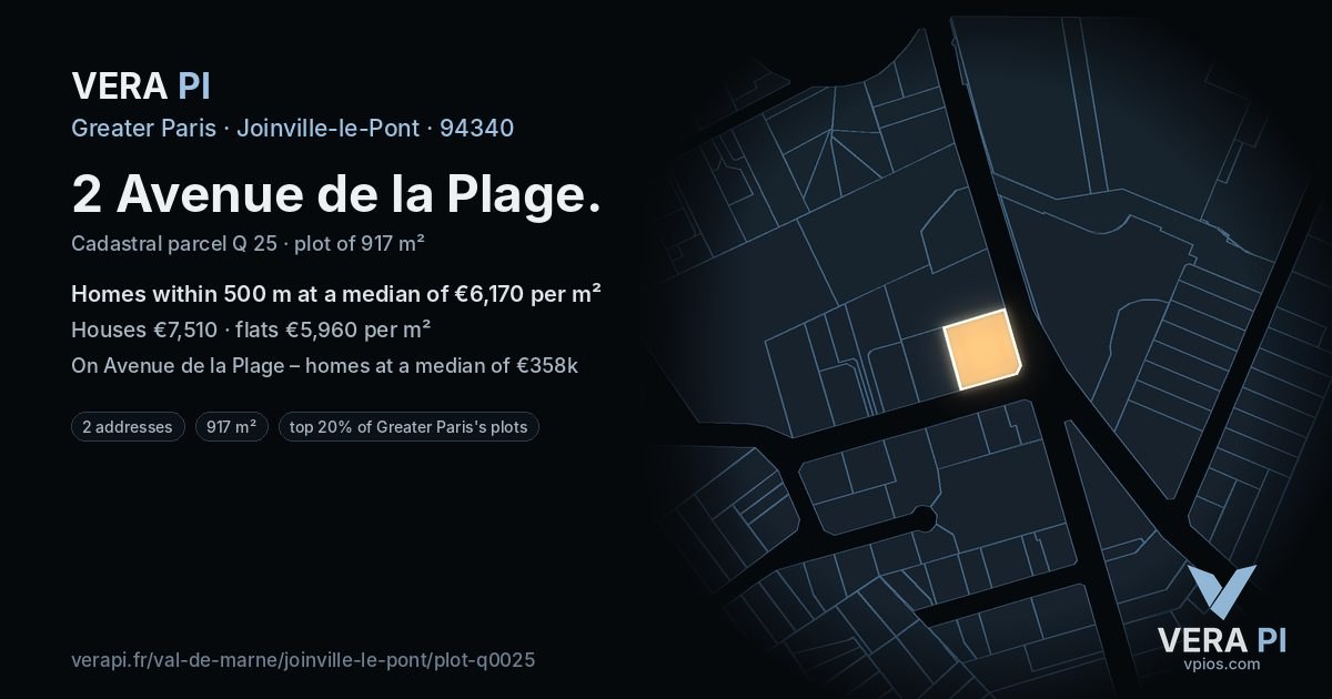 2 Avenue de la Plage, Joinville-le-Pont at night – the plot lit, the parcels around coloured by the prices near them