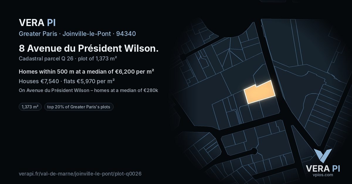 8 Avenue du Président Wilson, Joinville-le-Pont at night – the plot lit, the parcels around coloured by the prices near them
