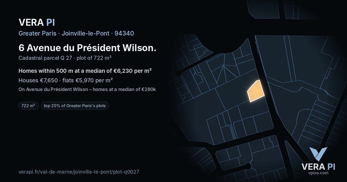 6 Avenue du Président Wilson, Joinville-le-Pont at night – the plot lit, the parcels around coloured by the prices near them