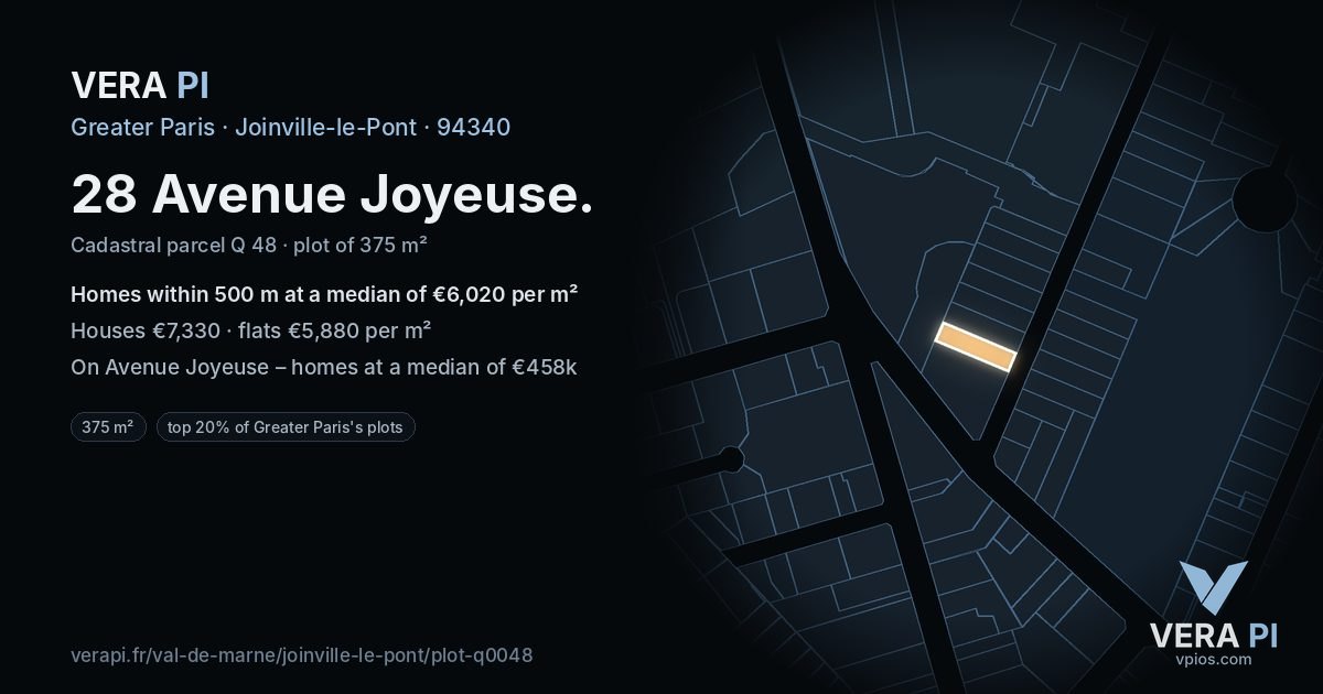 28 Avenue Joyeuse, Joinville-le-Pont at night – the plot lit, the parcels around coloured by the prices near them