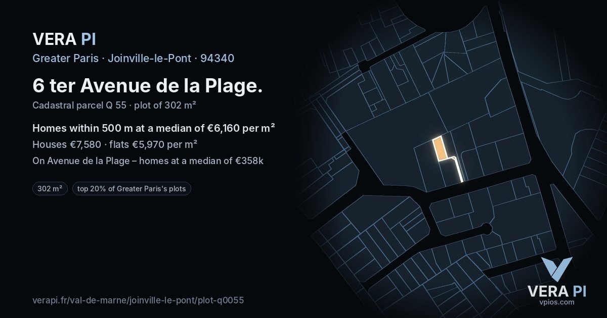 6 ter Avenue de la Plage, Joinville-le-Pont at night – the plot lit, the parcels around coloured by the prices near them