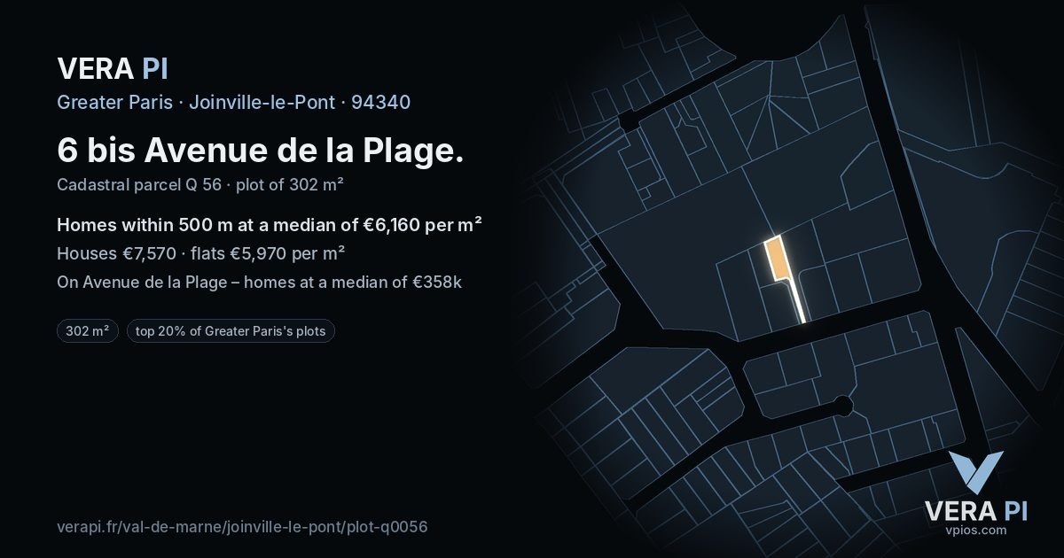 6 bis Avenue de la Plage, Joinville-le-Pont at night – the plot lit, the parcels around coloured by the prices near them