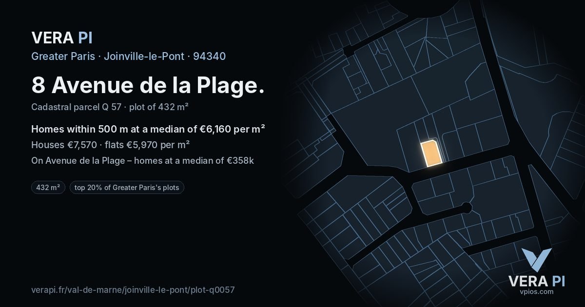 8 Avenue de la Plage, Joinville-le-Pont at night – the plot lit, the parcels around coloured by the prices near them