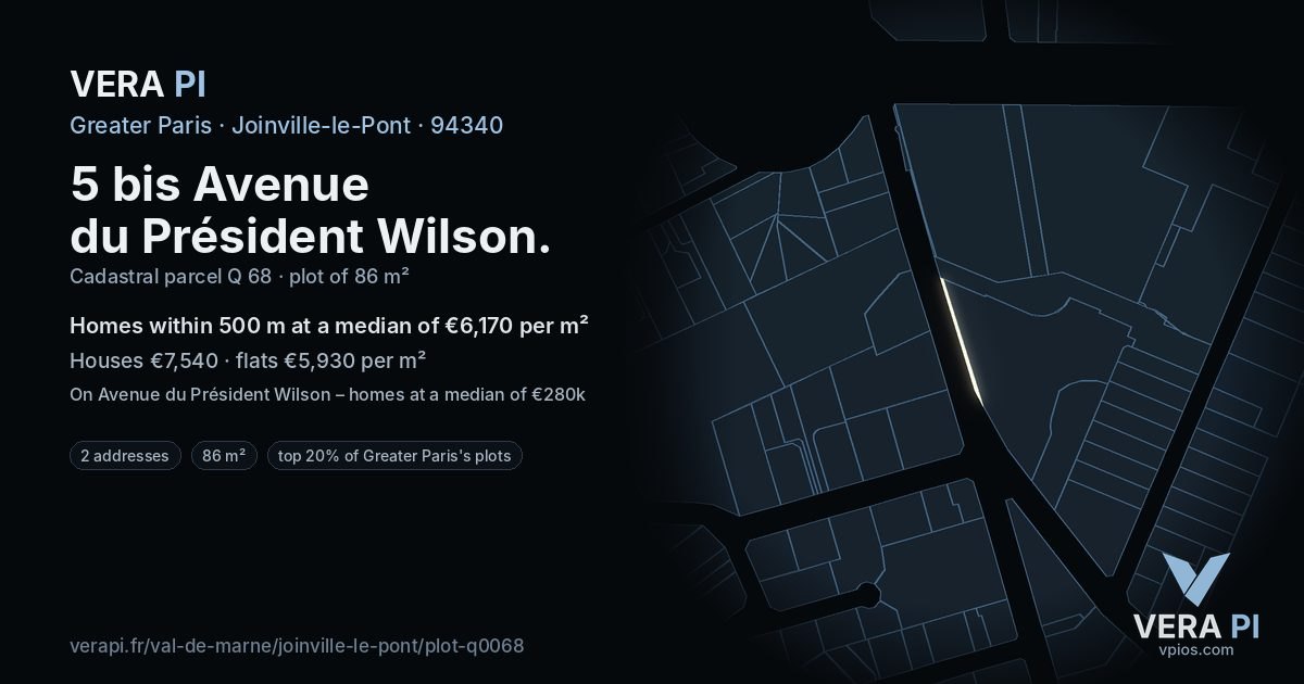 5 bis Avenue du Président Wilson, Joinville-le-Pont at night – the plot lit, the parcels around coloured by the prices near them
