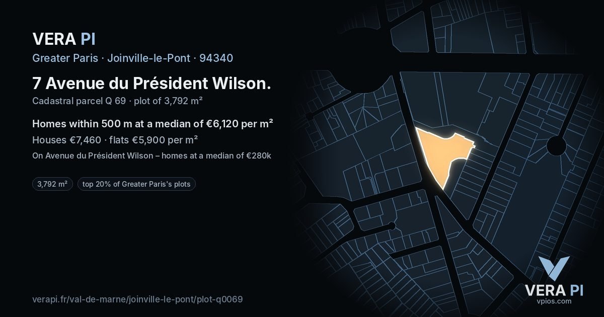 7 Avenue du Président Wilson, Joinville-le-Pont at night – the plot lit, the parcels around coloured by the prices near them