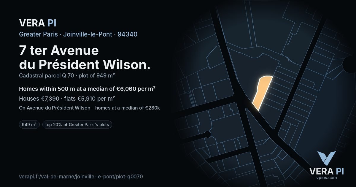 7 ter Avenue du Président Wilson, Joinville-le-Pont at night – the plot lit, the parcels around coloured by the prices near them