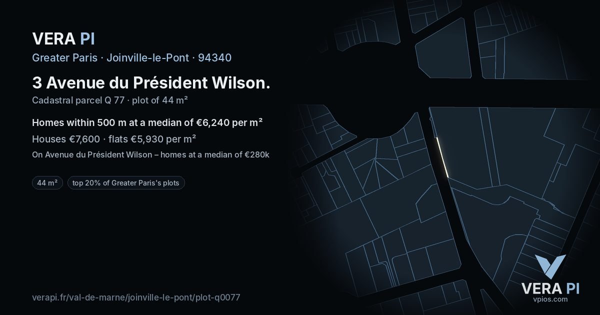 3 Avenue du Président Wilson, Joinville-le-Pont at night – the plot lit, the parcels around coloured by the prices near them