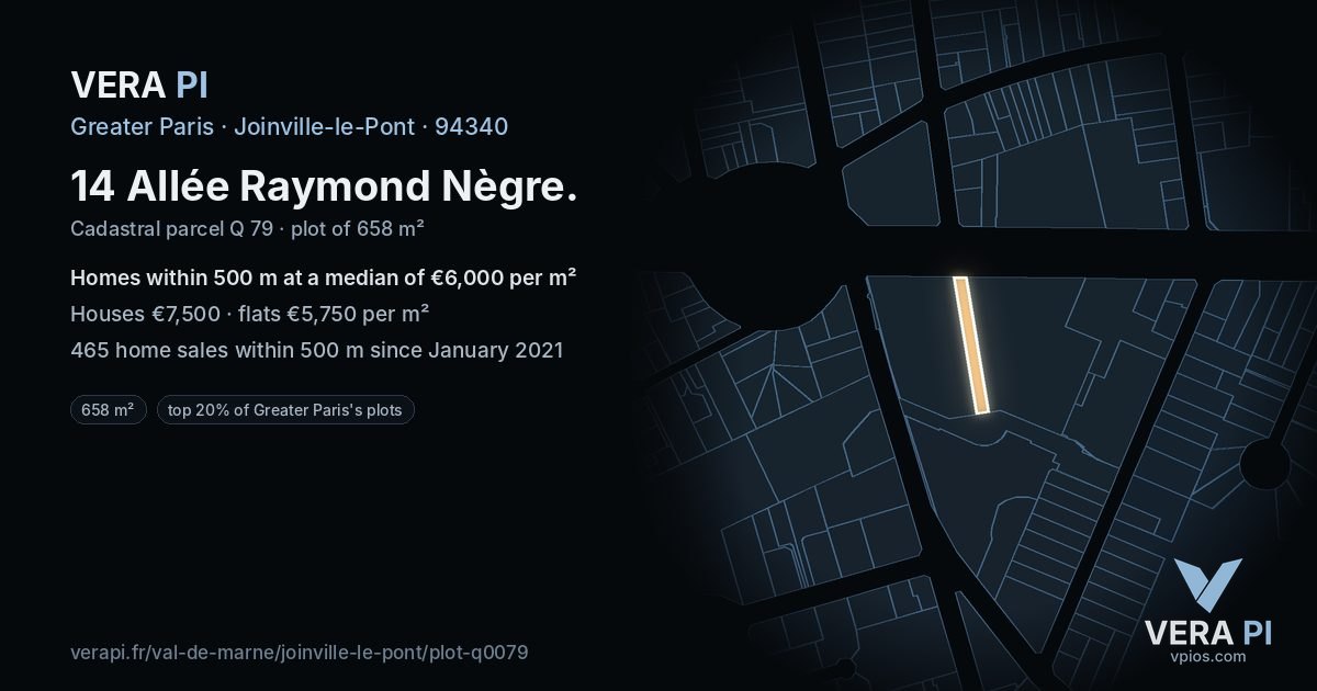 14 Allée Raymond Nègre, Joinville-le-Pont at night – the plot lit, the parcels around coloured by the prices near them