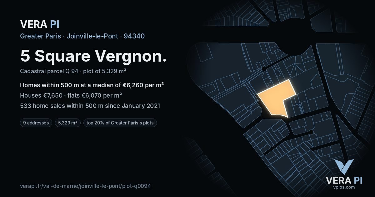 5 Square Vergnon, Joinville-le-Pont at night – the plot lit, the parcels around coloured by the prices near them