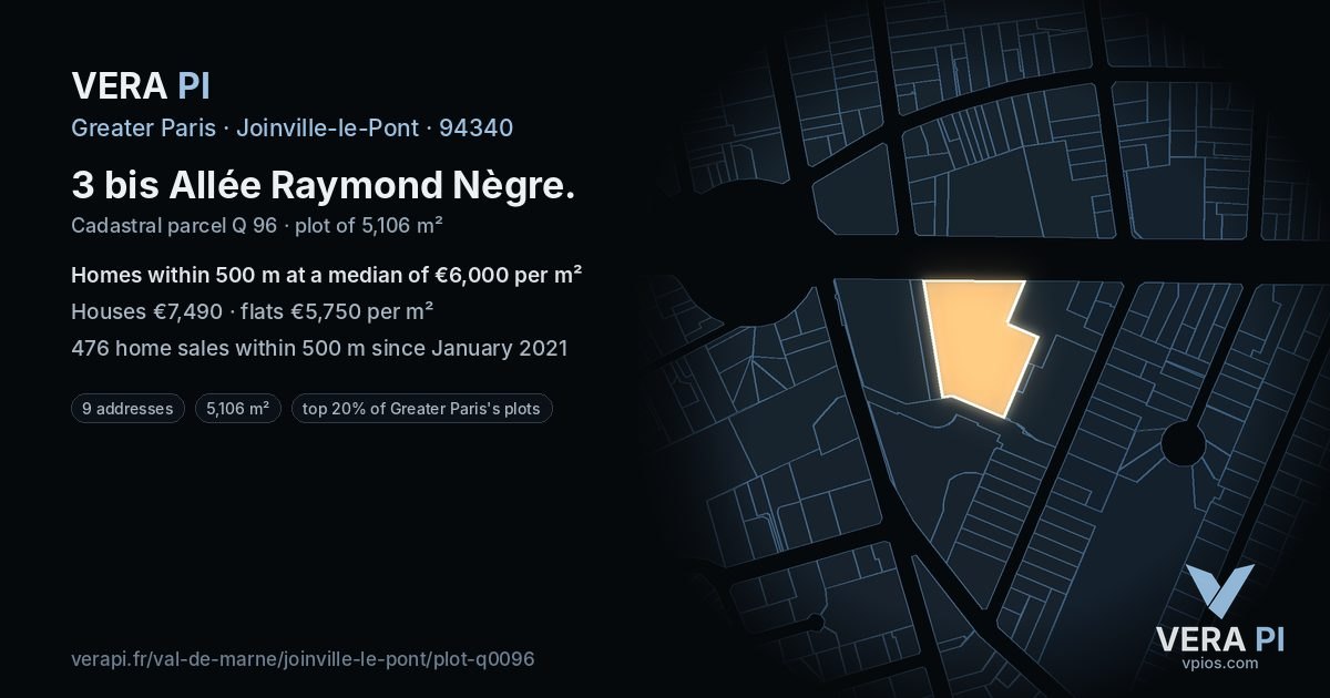 3 bis Allée Raymond Nègre, Joinville-le-Pont at night – the plot lit, the parcels around coloured by the prices near them
