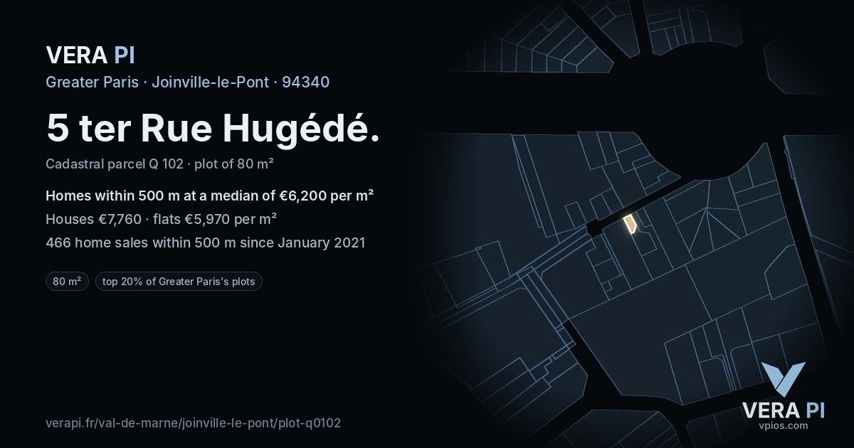 5 ter Rue Hugédé, Joinville-le-Pont at night – the plot lit, the parcels around coloured by the prices near them