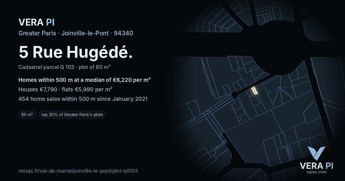 5 Rue Hugédé, Joinville-le-Pont at night – the plot lit, the parcels around coloured by the prices near them
