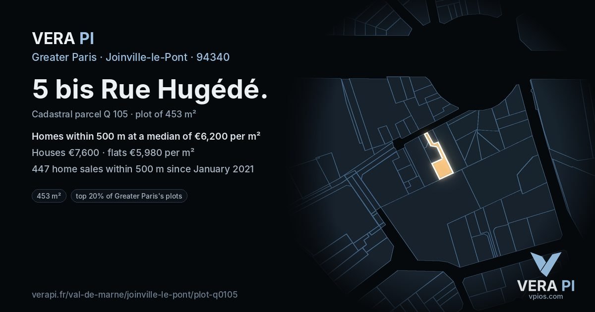 5 bis Rue Hugédé, Joinville-le-Pont at night – the plot lit, the parcels around coloured by the prices near them