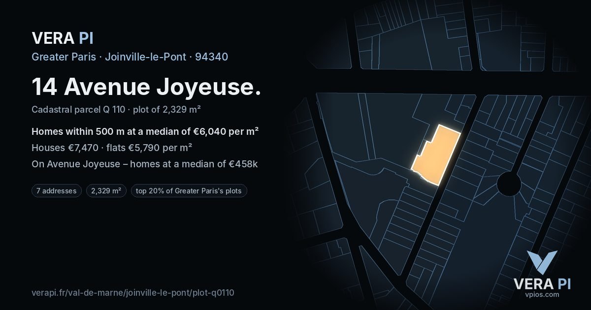 14 Avenue Joyeuse, Joinville-le-Pont at night – the plot lit, the parcels around coloured by the prices near them