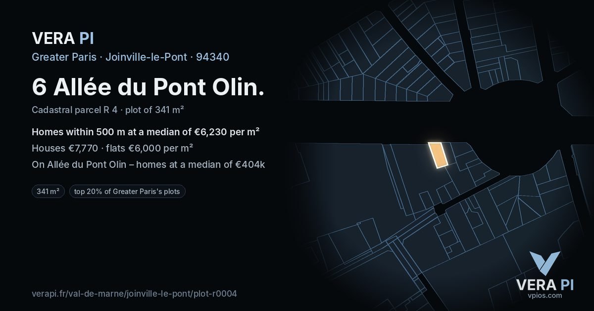 6 Allée du Pont Olin, Joinville-le-Pont at night – the plot lit, the parcels around coloured by the prices near them