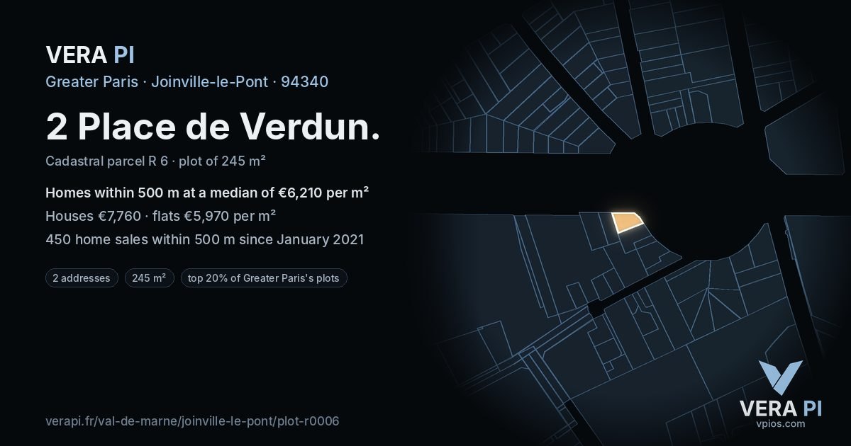 2 Place de Verdun, Joinville-le-Pont at night – the plot lit, the parcels around coloured by the prices near them