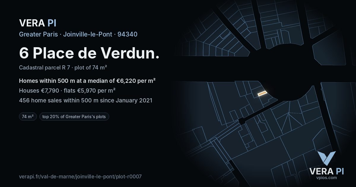 6 Place de Verdun, Joinville-le-Pont at night – the plot lit, the parcels around coloured by the prices near them