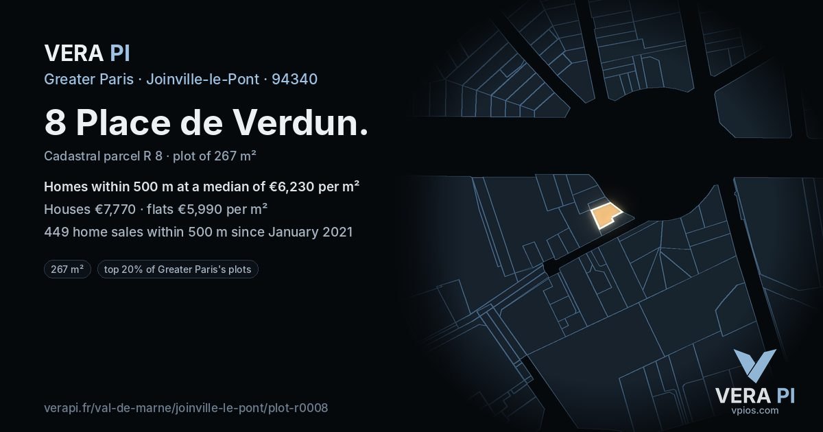 8 Place de Verdun, Joinville-le-Pont at night – the plot lit, the parcels around coloured by the prices near them