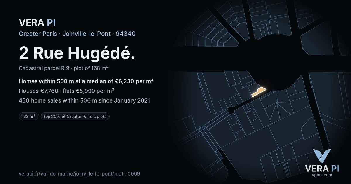 2 Rue Hugédé, Joinville-le-Pont at night – the plot lit, the parcels around coloured by the prices near them