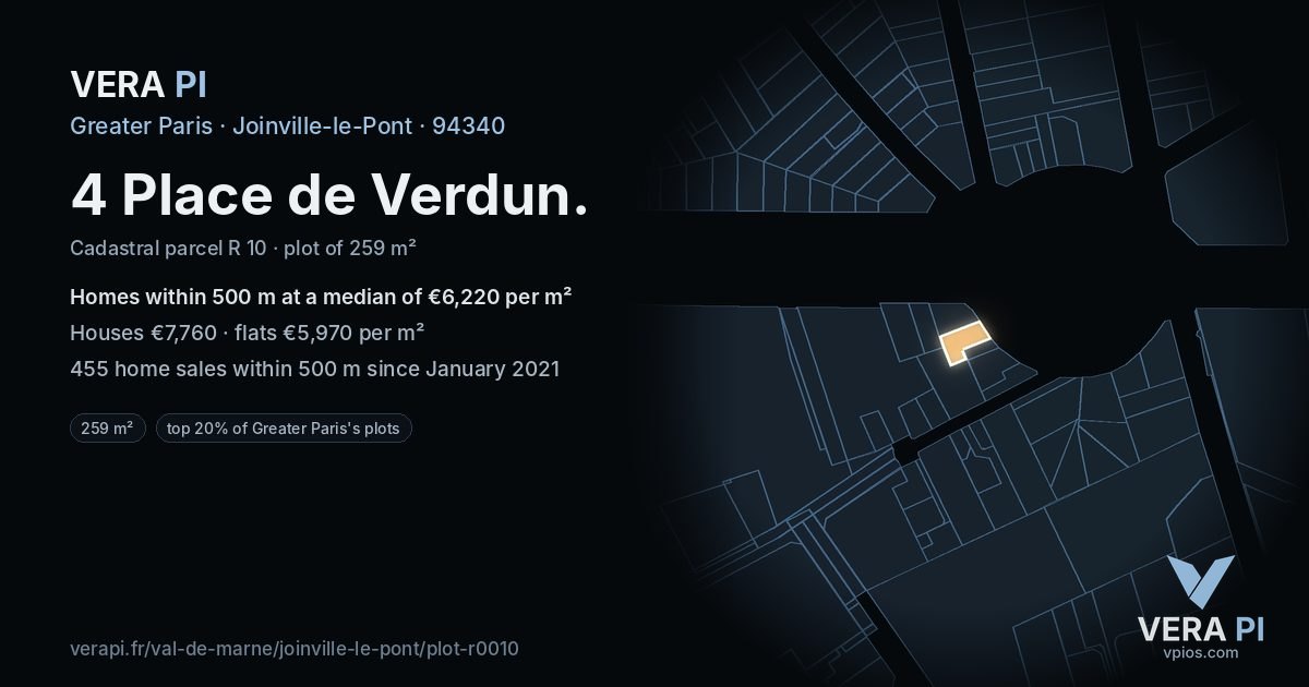 4 Place de Verdun, Joinville-le-Pont at night – the plot lit, the parcels around coloured by the prices near them