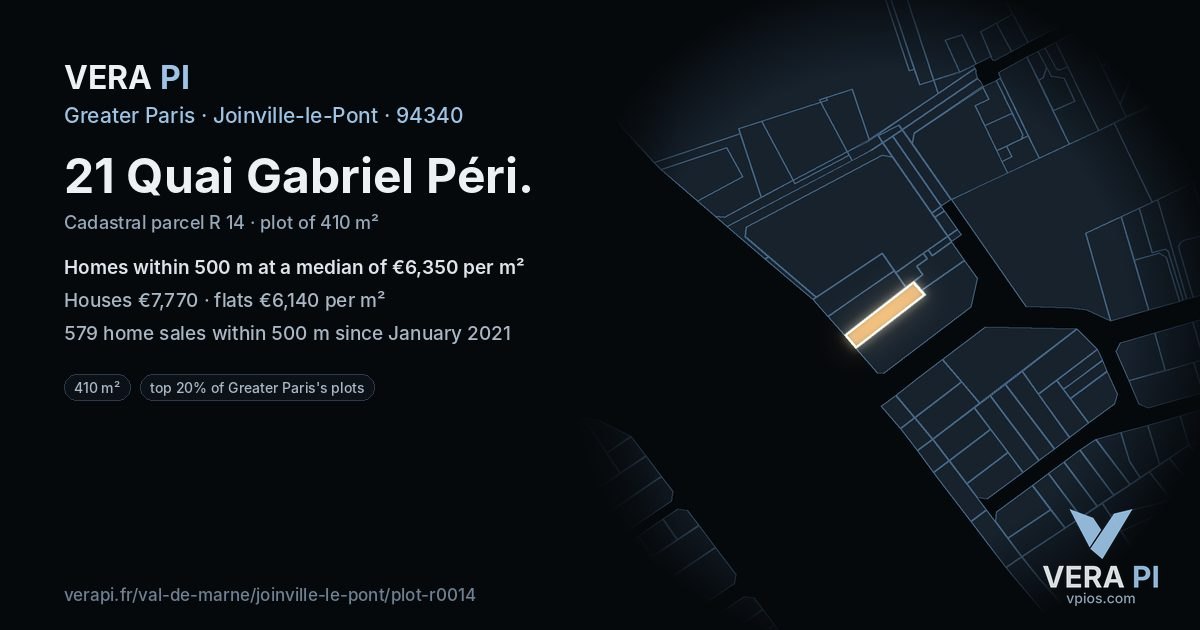 21 Quai Gabriel Péri, Joinville-le-Pont at night – the plot lit, the parcels around coloured by the prices near them
