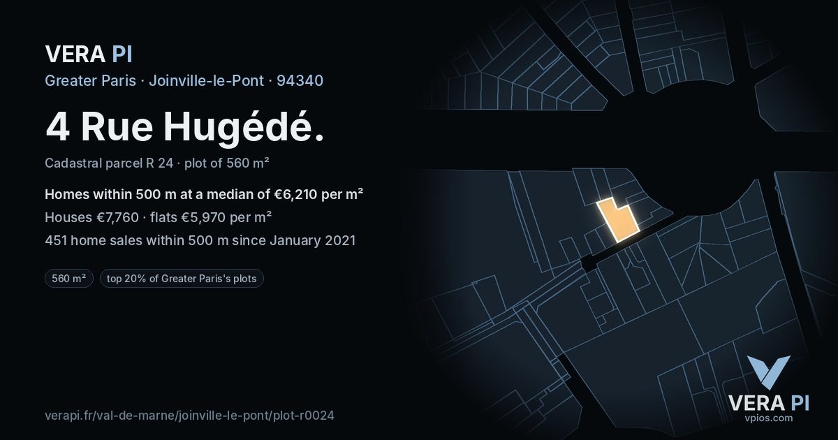 4 Rue Hugédé, Joinville-le-Pont at night – the plot lit, the parcels around coloured by the prices near them