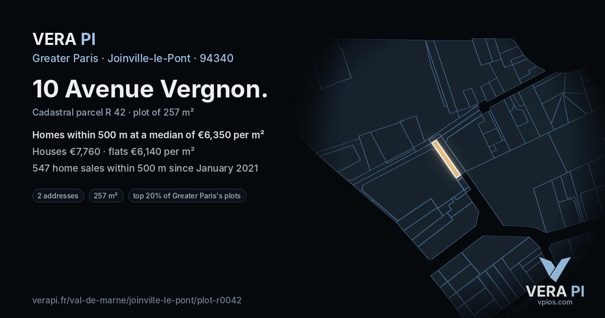10 Avenue Vergnon, Joinville-le-Pont at night – the plot lit, the parcels around coloured by the prices near them