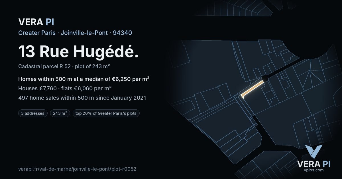 13 Rue Hugédé, Joinville-le-Pont at night – the plot lit, the parcels around coloured by the prices near them