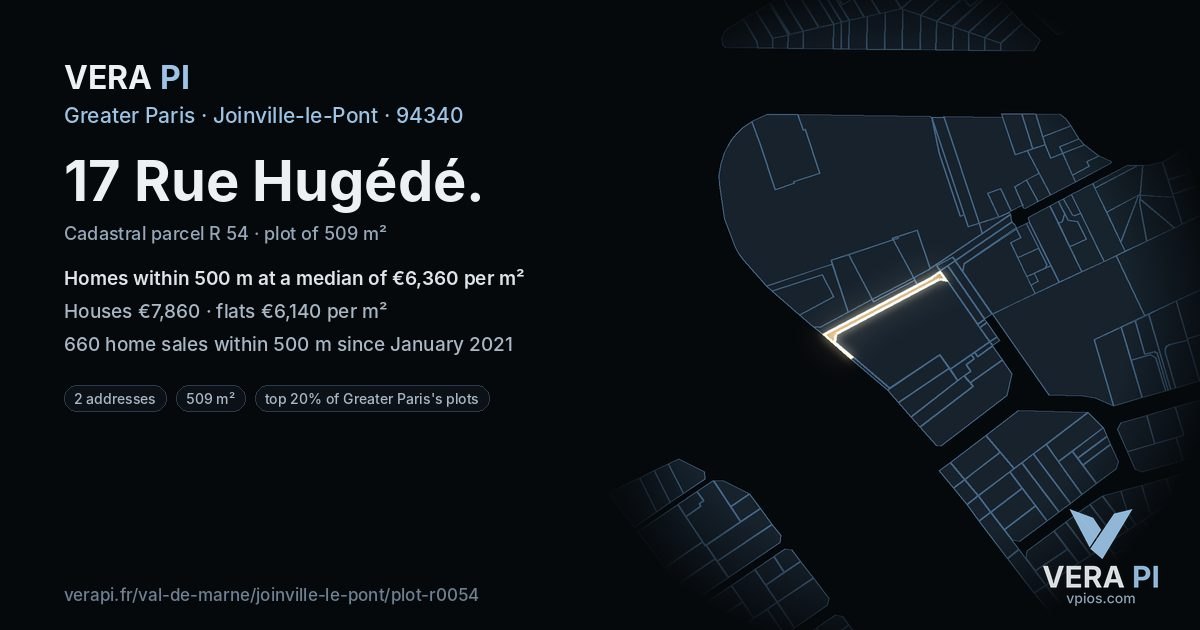 17 Rue Hugédé, Joinville-le-Pont at night – the plot lit, the parcels around coloured by the prices near them