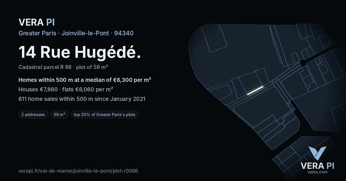 14 Rue Hugédé, Joinville-le-Pont at night – the plot lit, the parcels around coloured by the prices near them