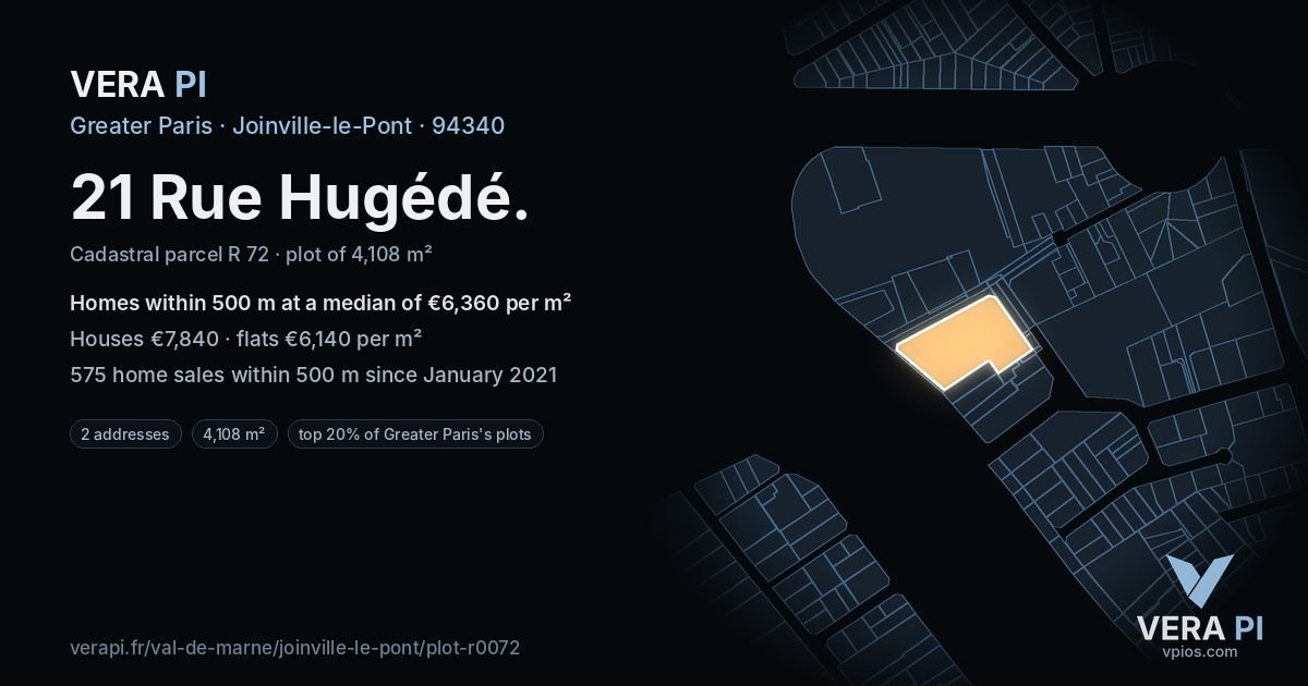 21 Rue Hugédé, Joinville-le-Pont at night – the plot lit, the parcels around coloured by the prices near them