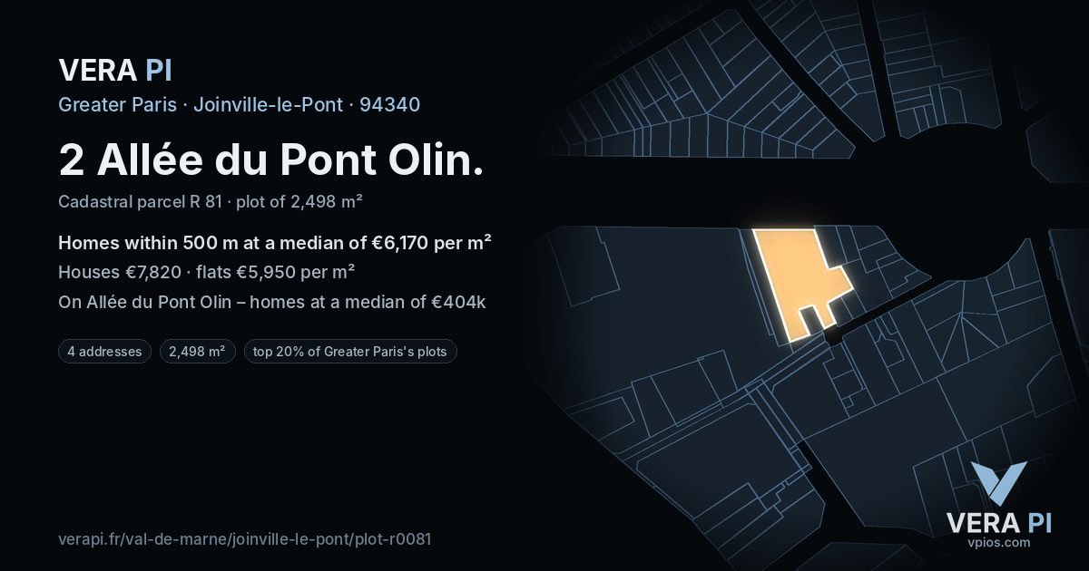 2 Allée du Pont Olin, Joinville-le-Pont at night – the plot lit, the parcels around coloured by the prices near them
