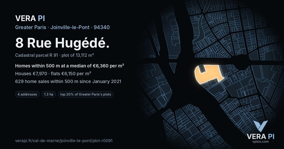 8 Rue Hugédé, Joinville-le-Pont at night – the plot lit, the parcels around coloured by the prices near them