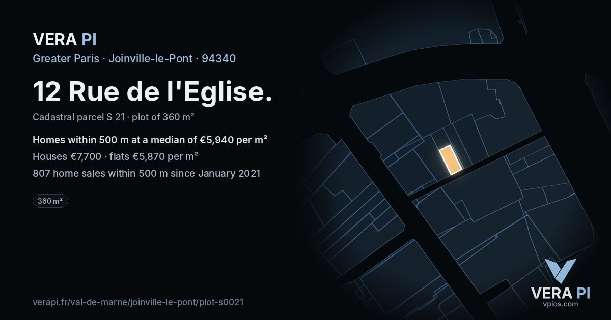 12 Rue de l'Eglise, Joinville-le-Pont at night – the plot lit, the parcels around coloured by the prices near them