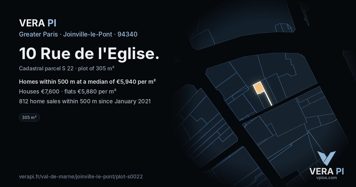 10 Rue de l'Eglise, Joinville-le-Pont at night – the plot lit, the parcels around coloured by the prices near them