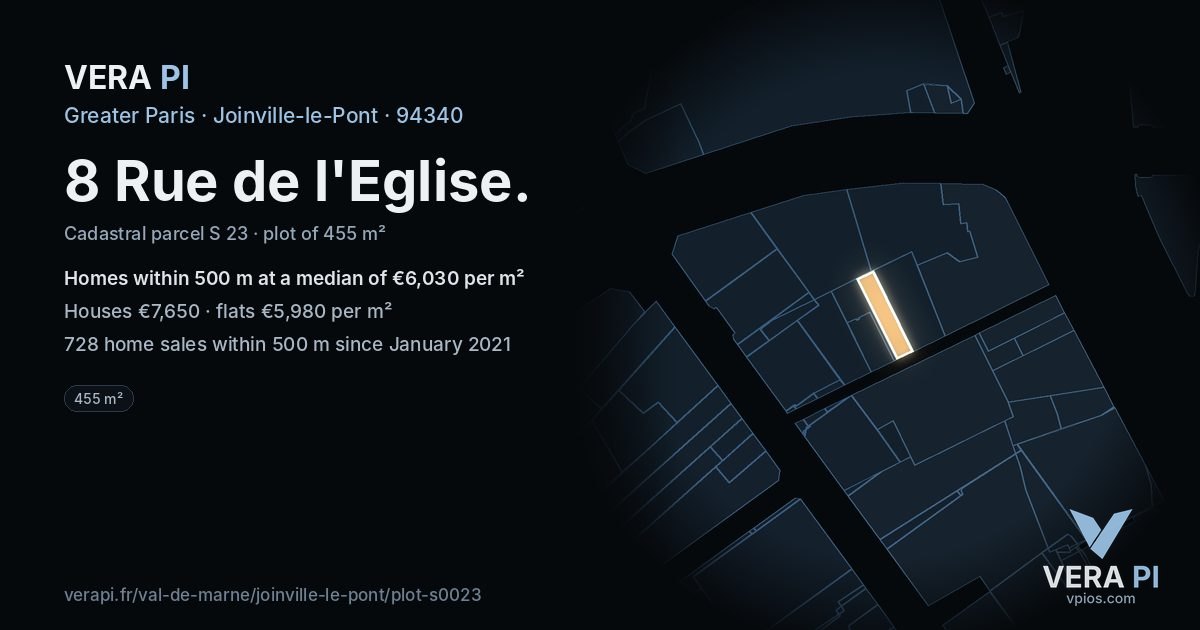 8 Rue de l'Eglise, Joinville-le-Pont at night – the plot lit, the parcels around coloured by the prices near them