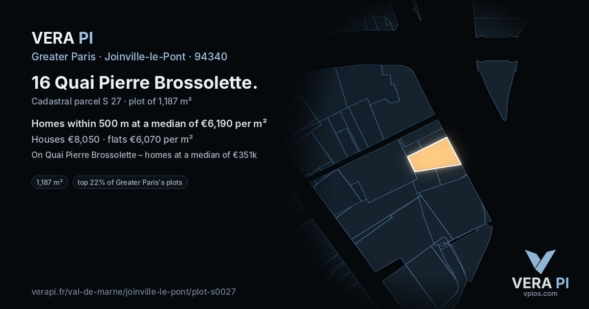 16 Quai Pierre Brossolette, Joinville-le-Pont at night – the plot lit, the parcels around coloured by the prices near them