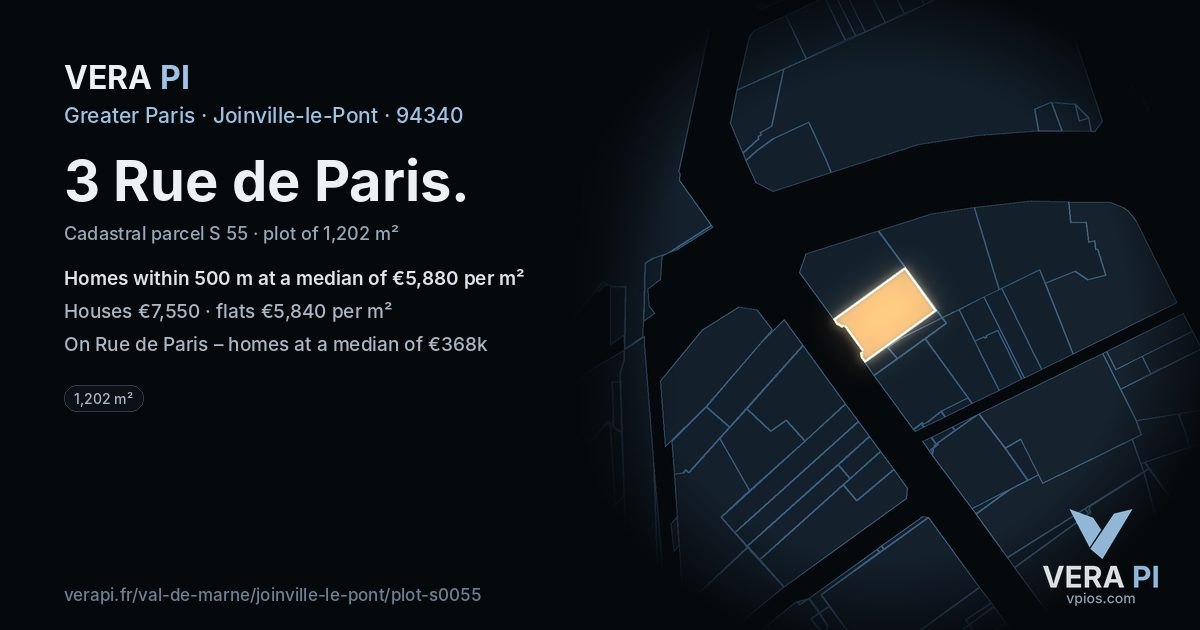 3 Rue de Paris, Joinville-le-Pont at night – the plot lit, the parcels around coloured by the prices near them