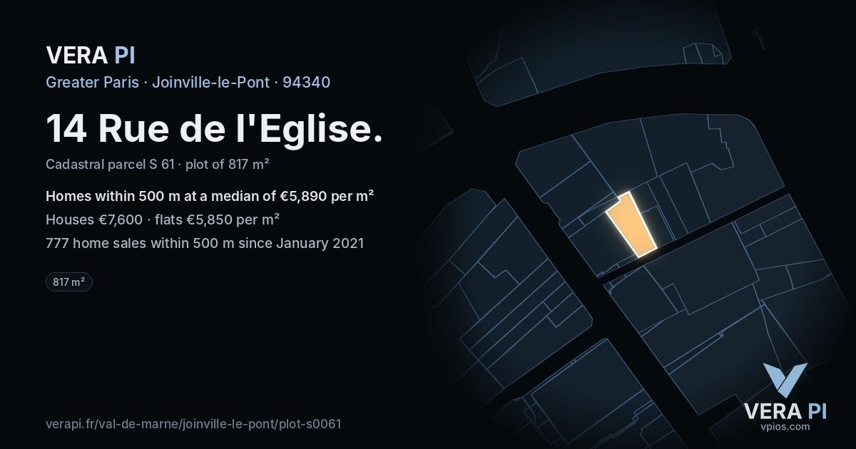 14 Rue de l'Eglise, Joinville-le-Pont at night – the plot lit, the parcels around coloured by the prices near them