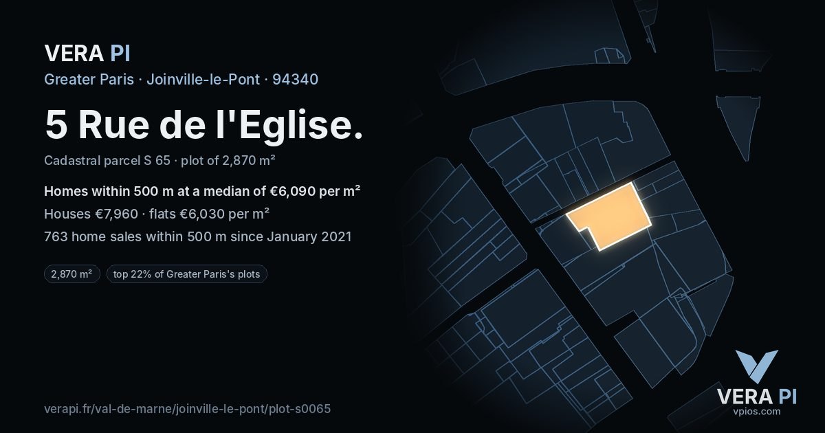 5 Rue de l'Eglise, Joinville-le-Pont at night – the plot lit, the parcels around coloured by the prices near them